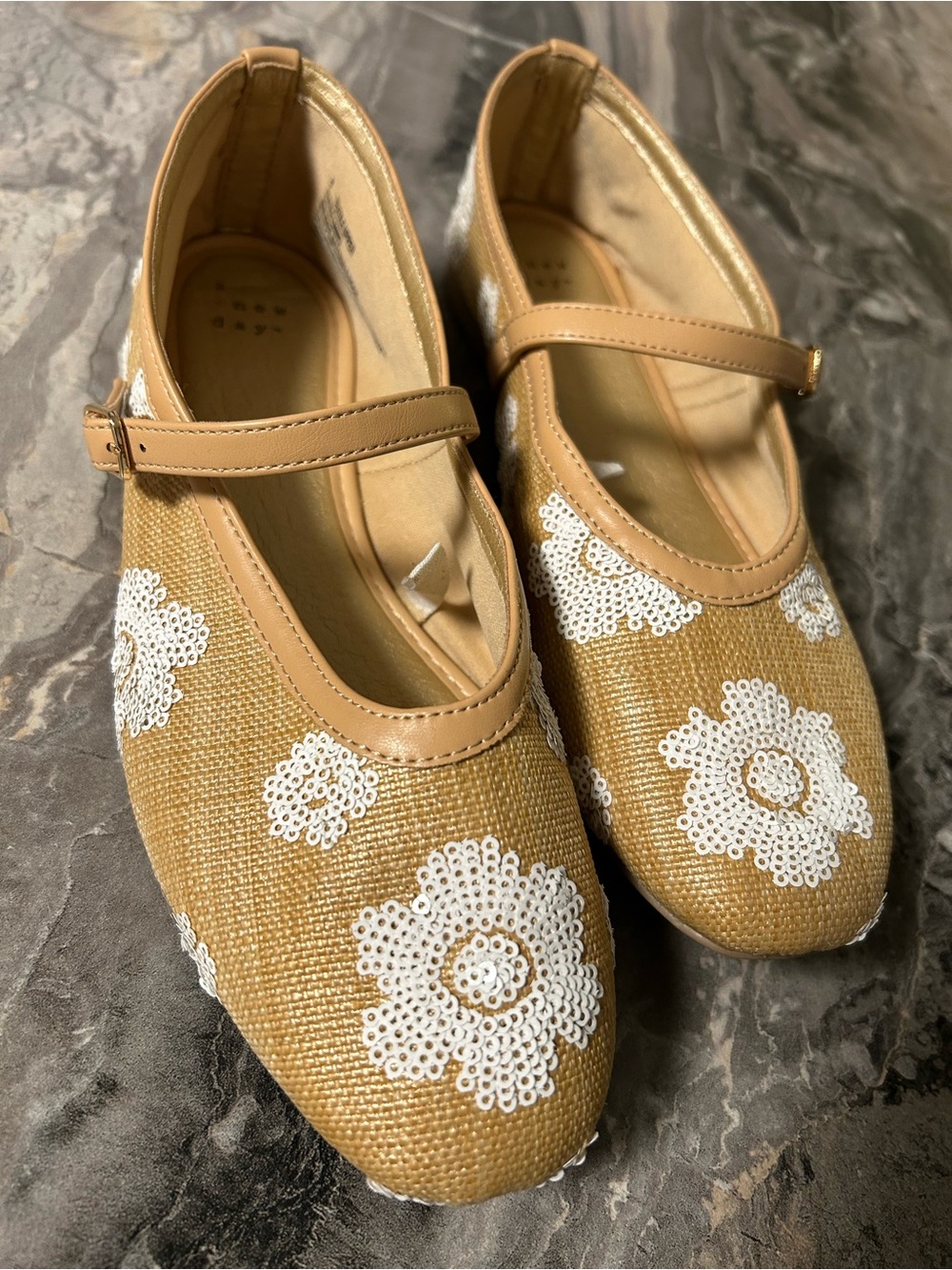 a new day Tan Mary Jane Flats with White Sequin Floral Appliqué